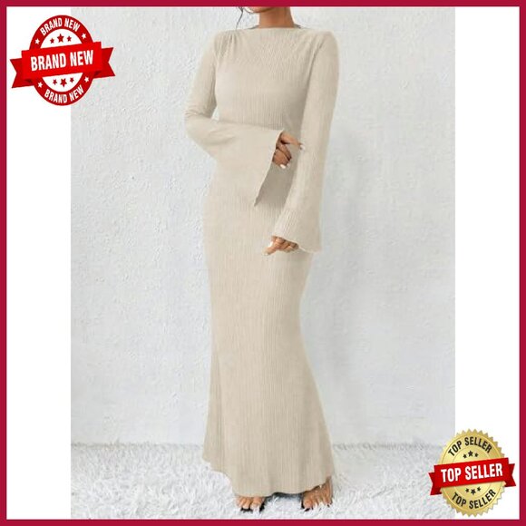 Maxi Dress with Flare Sleeves, Bodycon Fit, Mermaid Hem - Picture 4 of 8